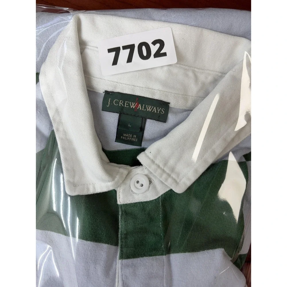 J.Crew Always Rugby Polo Shirt‎ Mens L Green White Stripe Long Sleeve Casual